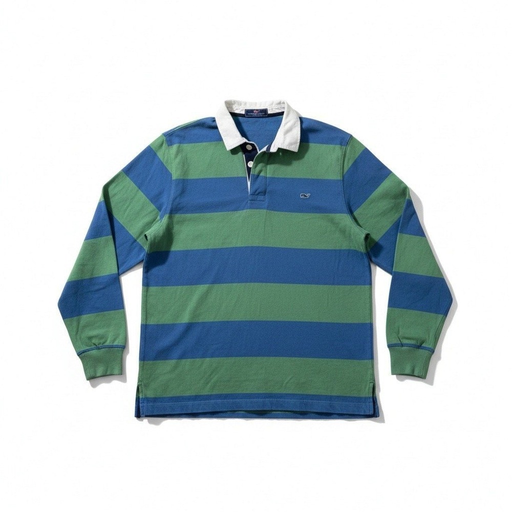 Vineyard Vines Rugby Shirt Large Blue Green Striped Cotton Preppy Coastal
